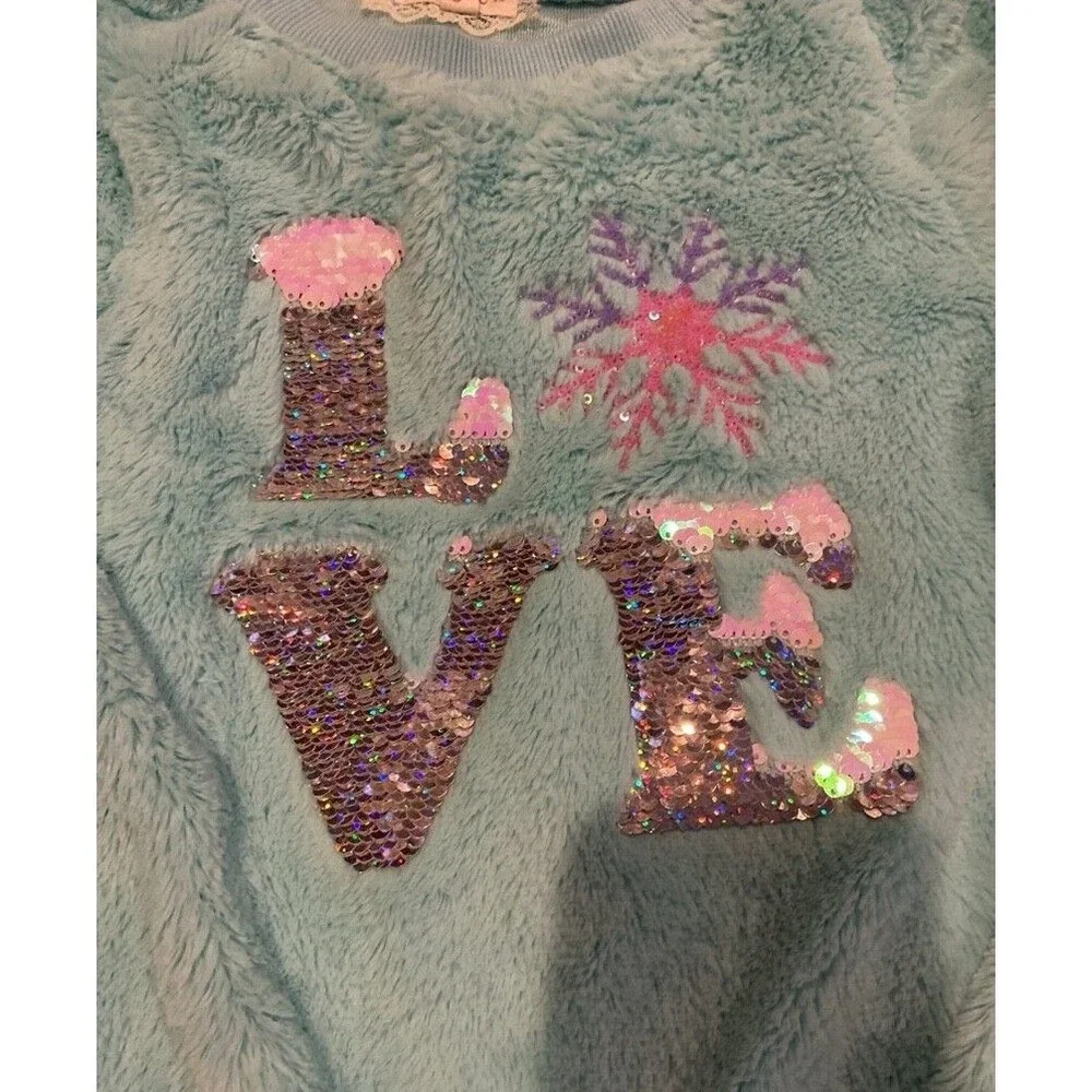 Btween brand girls size 10 fuzzy blue  winter snowflake sweater with sequins